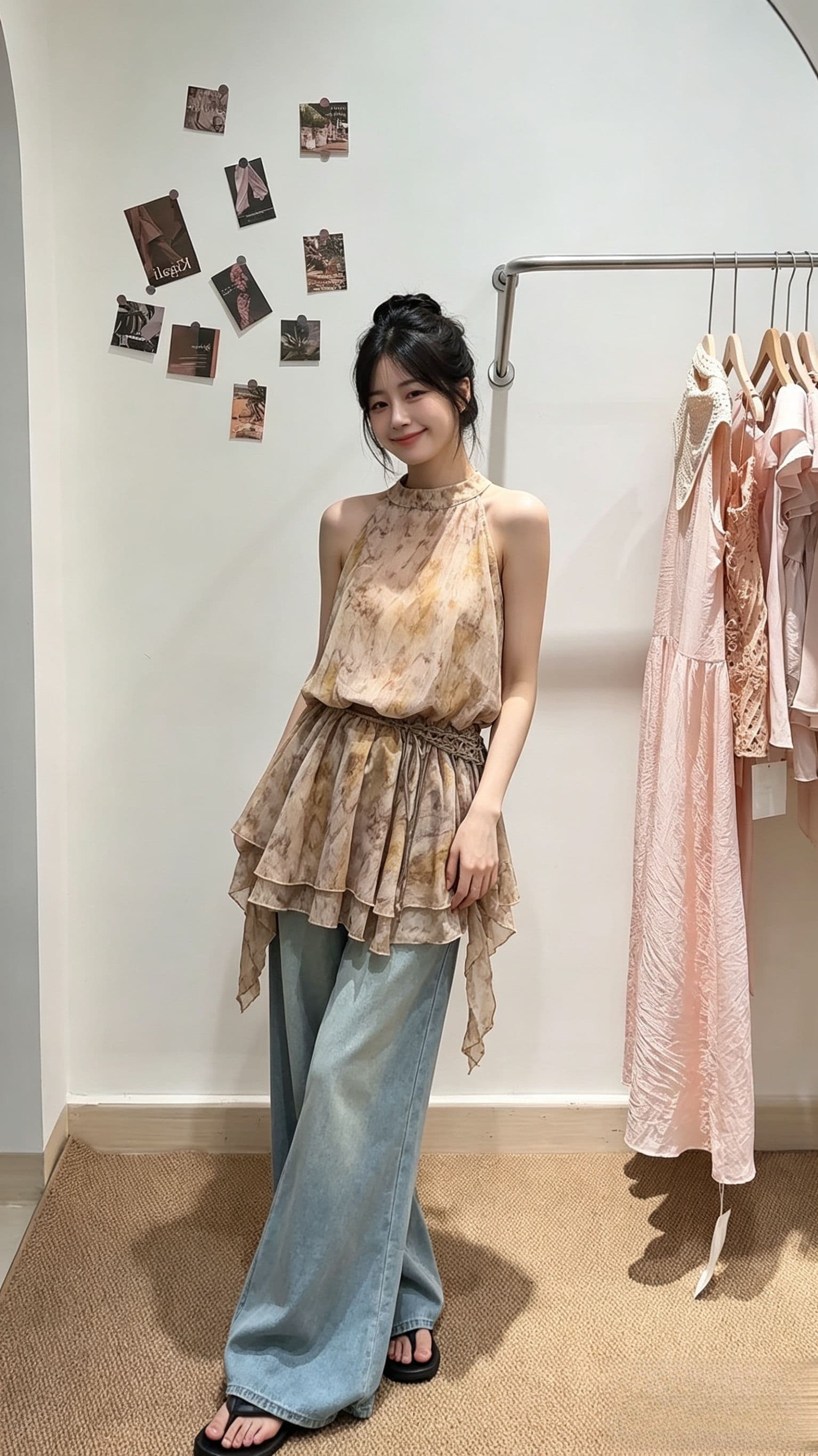 휴가 바람 행침 목 여성 드레스 여름 허리 수축 슬림해 보이는 조끼 민소매 슬립 드레스 홀치기 염색 쉬폰 미니 스커트 상세 이미지 9