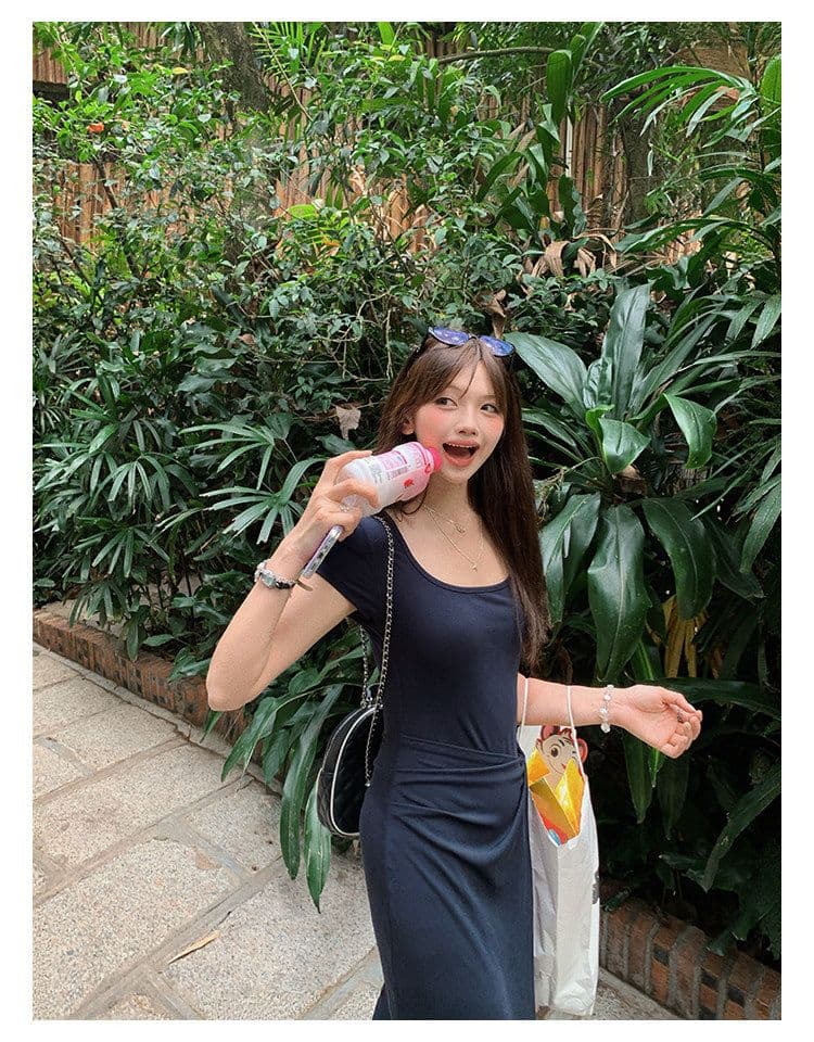 작은 아이들 롱 코트 품격 치마 새로운 반팔 드레스 몸매 가꾸기 여름 허리 수축 롱 스커트 상세 이미지 6