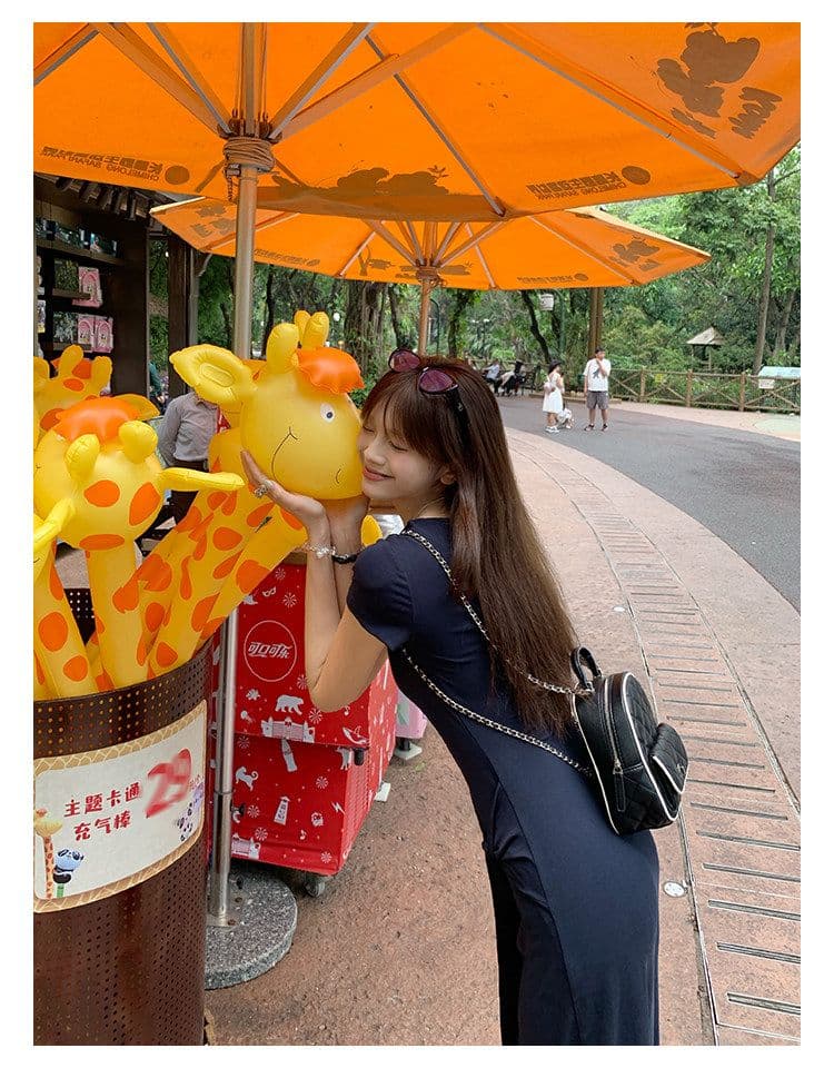 작은 아이들 롱 코트 품격 치마 새로운 반팔 드레스 몸매 가꾸기 여름 허리 수축 롱 스커트 상세 이미지 7
