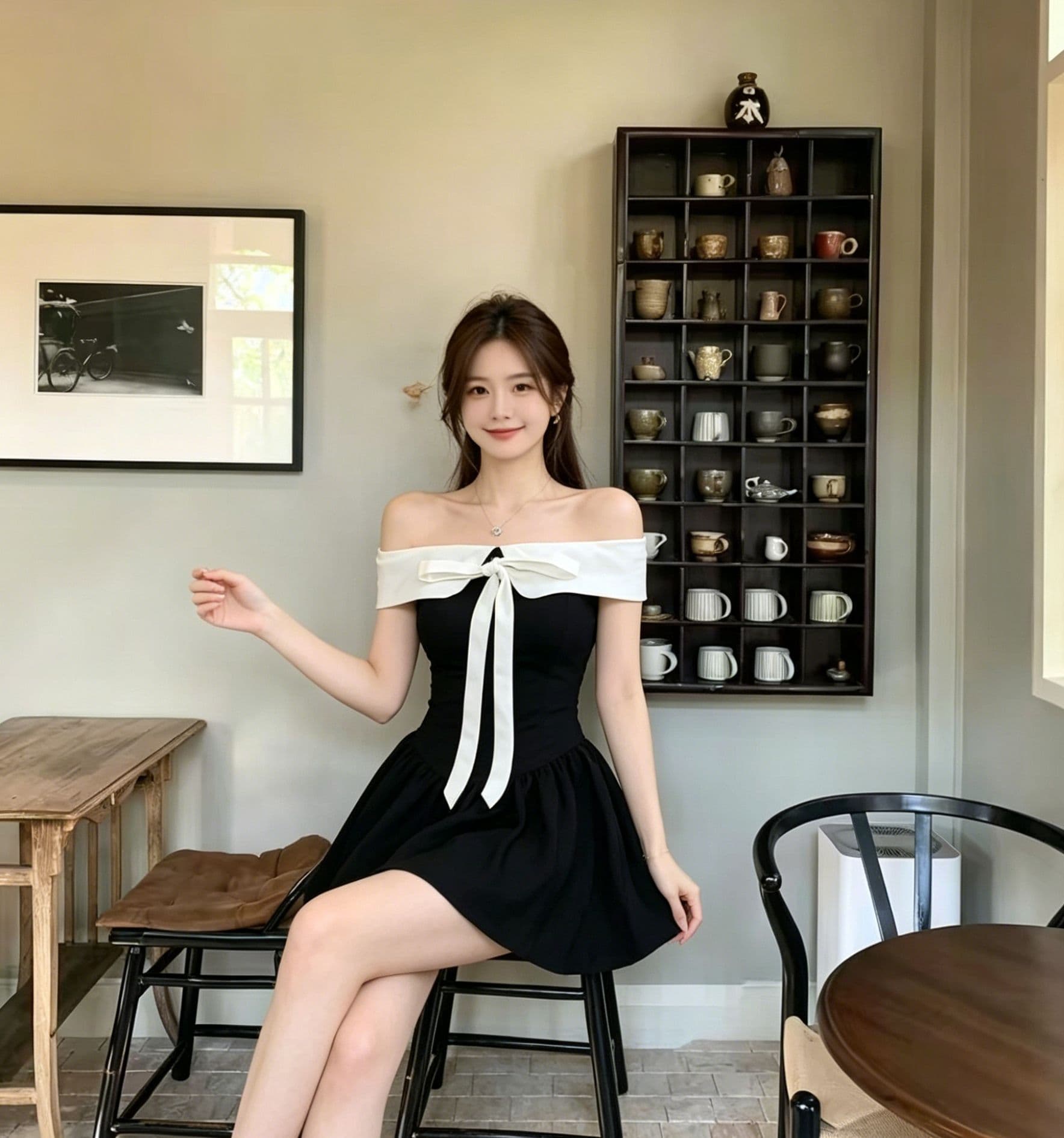 여름 새로운 흑인과 백인 여성 드레스 허리 수축 슬림해 보이는 품격 명문 여성 바람 오프숄더 나비 매듭 쇼트 스타일 퍼프 스커트 이미지 2