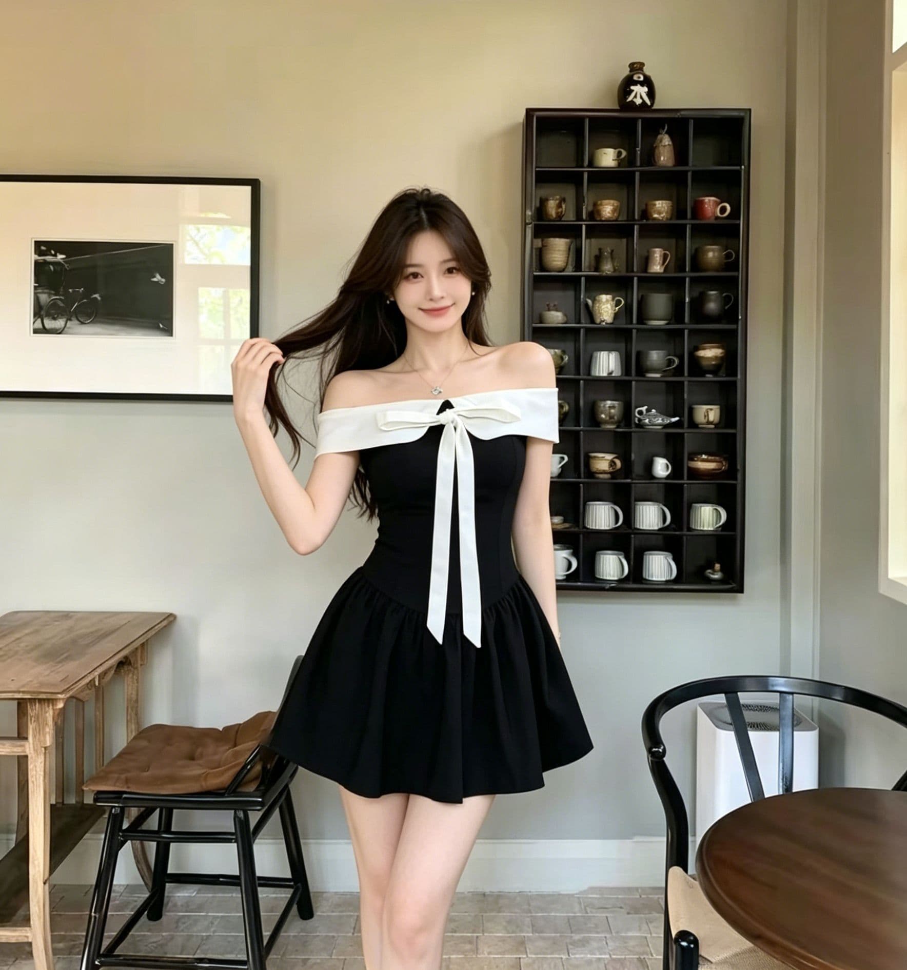 여름 새로운 흑인과 백인 여성 드레스 허리 수축 슬림해 보이는 품격 명문 여성 바람 오프숄더 나비 매듭 쇼트 스타일 퍼프 스커트 이미지 4