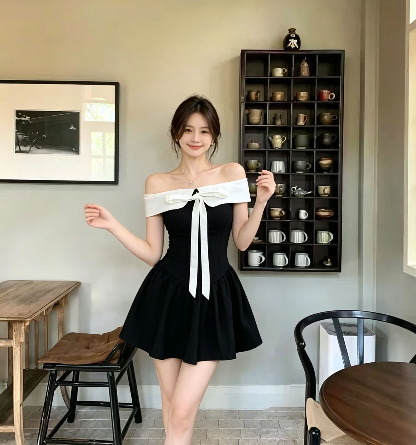 여름 새로운 흑인과 백인 여성 드레스 허리 수축 슬림해 보이는 품격 명문 여성 바람 오프숄더 나비 매듭 쇼트 스타일 퍼프 스커트 상세 이미지 3