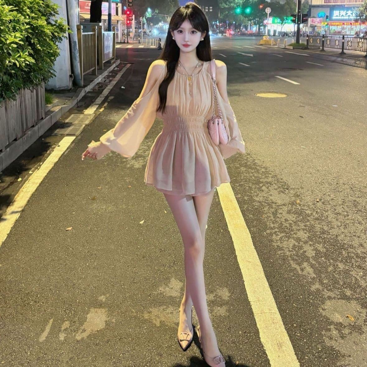 여름 새로운 품격 숙녀 부드러운 바람 고급 센스 새는 어깨 쉬폰 허리 수축 슬림해 보이는 맨위 하이웨이스트 반바지 트렌디 상세 이미지 4