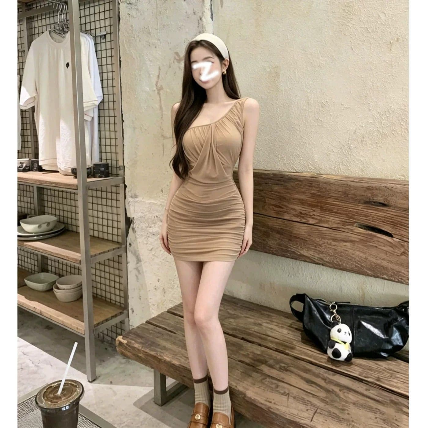 프랑스식 숄더백 부드러운 품격 망사 여성 드레스 여름 주름 허리 수축 로얄 자매 바람 타이트 스커트 짧은 치마 가슴 패드 상세 이미지 1