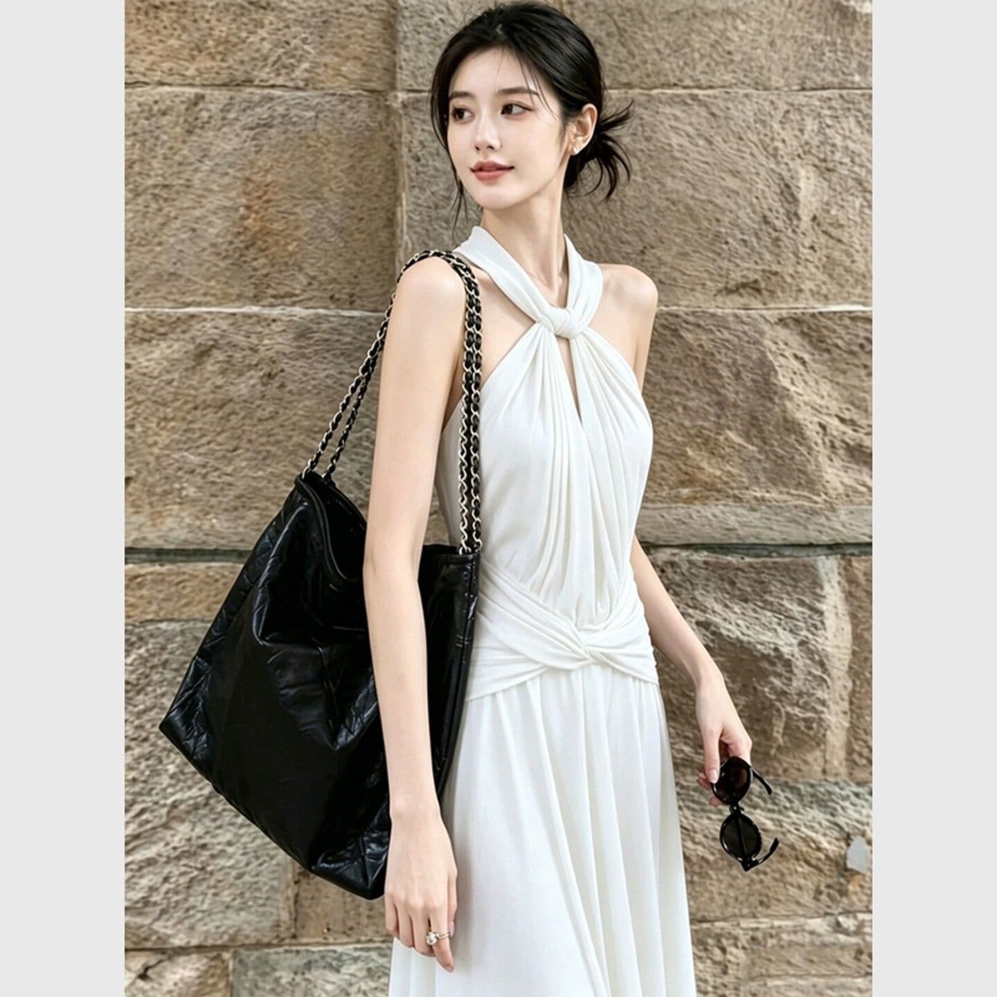 여름 빛 사람들 코치 착용 가져 가라. 부유 한 가족 천 골드 고급 센스 패션 연령 감소 화이트 행침 목 드레스 이미지 3