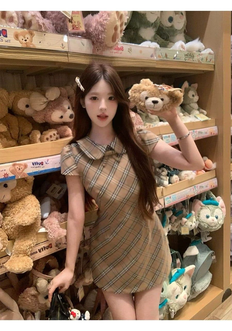 중년 소녀 치마 허리 수축 베이비 칼라 체크무늬 치마 천 골드 센스 달콤함 드레스 슬림해 보이는 섹션 슈퍼 잘 생긴 여성 의류 상세 이미지 2
