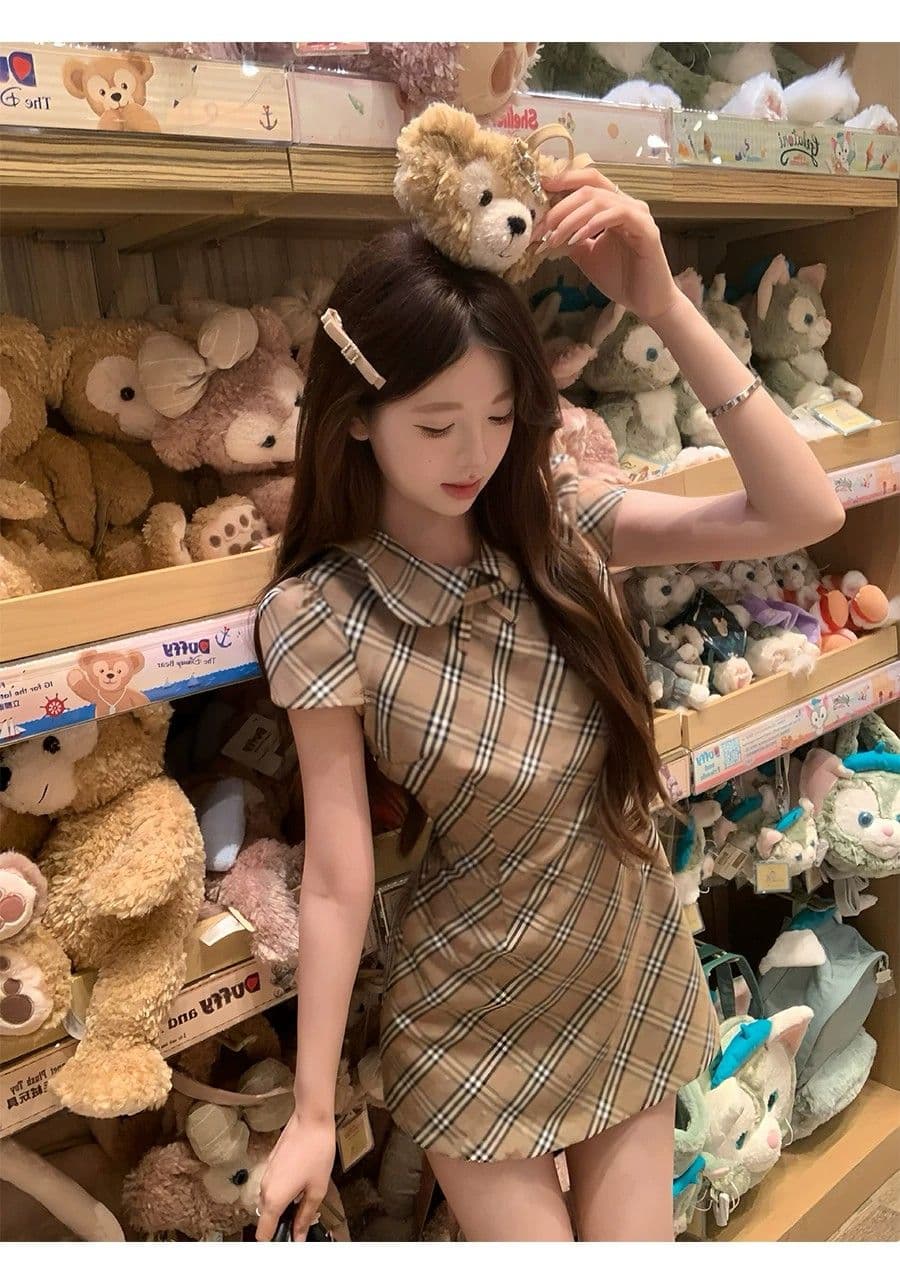 중년 소녀 치마 허리 수축 베이비 칼라 체크무늬 치마 천 골드 센스 달콤함 드레스 슬림해 보이는 섹션 슈퍼 잘 생긴 여성 의류 상세 이미지 5