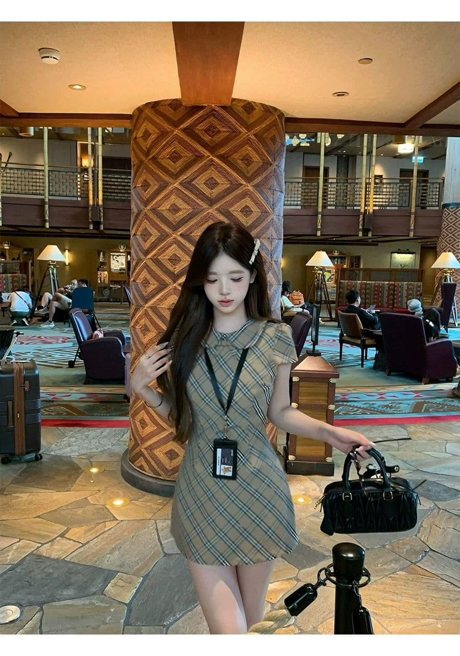 중년 소녀 치마 허리 수축 베이비 칼라 체크무늬 치마 천 골드 센스 달콤함 드레스 슬림해 보이는 섹션 슈퍼 잘 생긴 여성 의류 상세 이미지 8