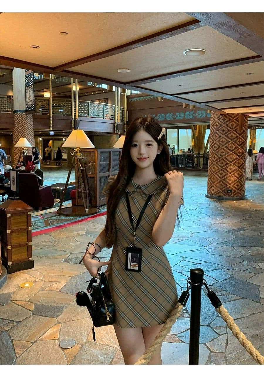 중년 소녀 치마 허리 수축 베이비 칼라 체크무늬 치마 천 골드 센스 달콤함 드레스 슬림해 보이는 섹션 슈퍼 잘 생긴 여성 의류 상세 이미지 9
