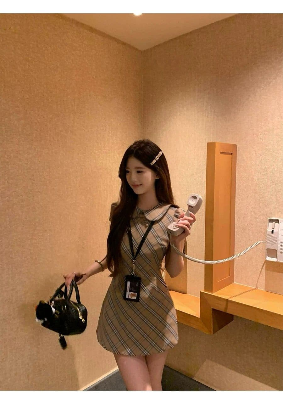 중년 소녀 치마 허리 수축 베이비 칼라 체크무늬 치마 천 골드 센스 달콤함 드레스 슬림해 보이는 섹션 슈퍼 잘 생긴 여성 의류 상세 이미지 10