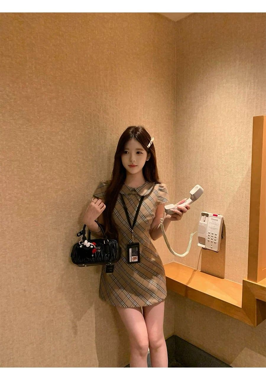 중년 소녀 치마 허리 수축 베이비 칼라 체크무늬 치마 천 골드 센스 달콤함 드레스 슬림해 보이는 섹션 슈퍼 잘 생긴 여성 의류 상세 이미지 11