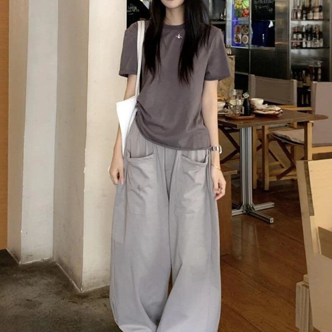 고급 센스 chic Chic 캐주얼 패션 세트 여성 여름 착용 가져 가라. 반팔 와이드 레그 팬츠 두 조각 이미지 2