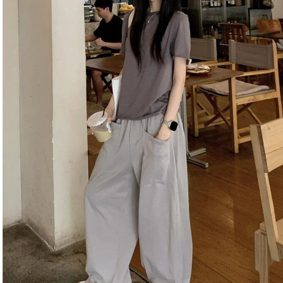 고급 센스 chic Chic 캐주얼 패션 세트 여성 여름 착용 가져 가라. 반팔 와이드 레그 팬츠 두 조각 이미지 3