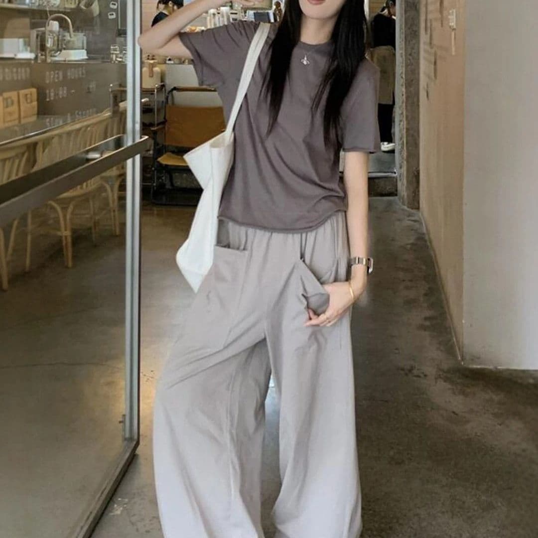 고급 센스 chic Chic 캐주얼 패션 세트 여성 여름 착용 가져 가라. 반팔 와이드 레그 팬츠 두 조각