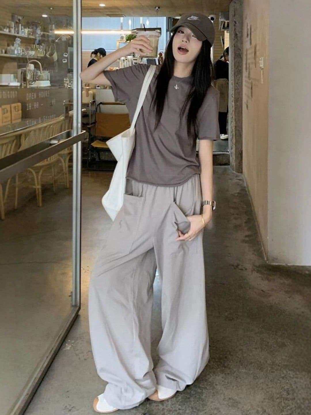 고급 센스 chic Chic 캐주얼 패션 세트 여성 여름 착용 가져 가라. 반팔 와이드 레그 팬츠 두 조각 상세 이미지 4