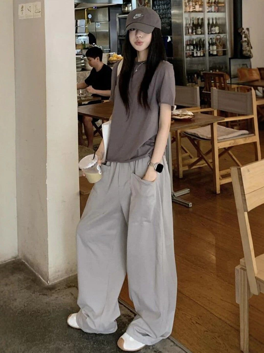 고급 센스 chic Chic 캐주얼 패션 세트 여성 여름 착용 가져 가라. 반팔 와이드 레그 팬츠 두 조각 상세 이미지 6