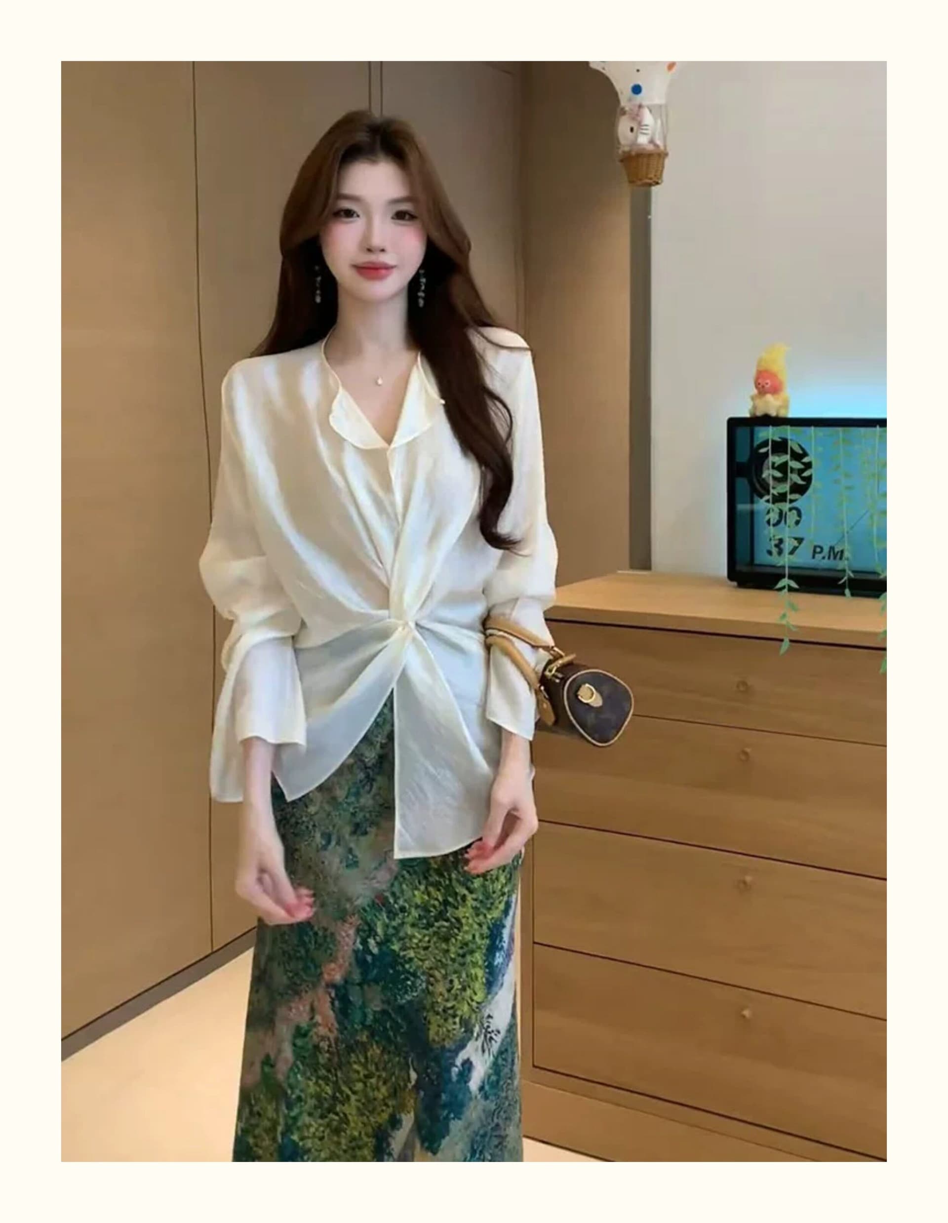 여름 한 부서 디자인 센스 비틀림 셔츠 유화 인어 꼬리 반신 스커트 투피스 슈트 여성 루즈핏 상세 이미지 3