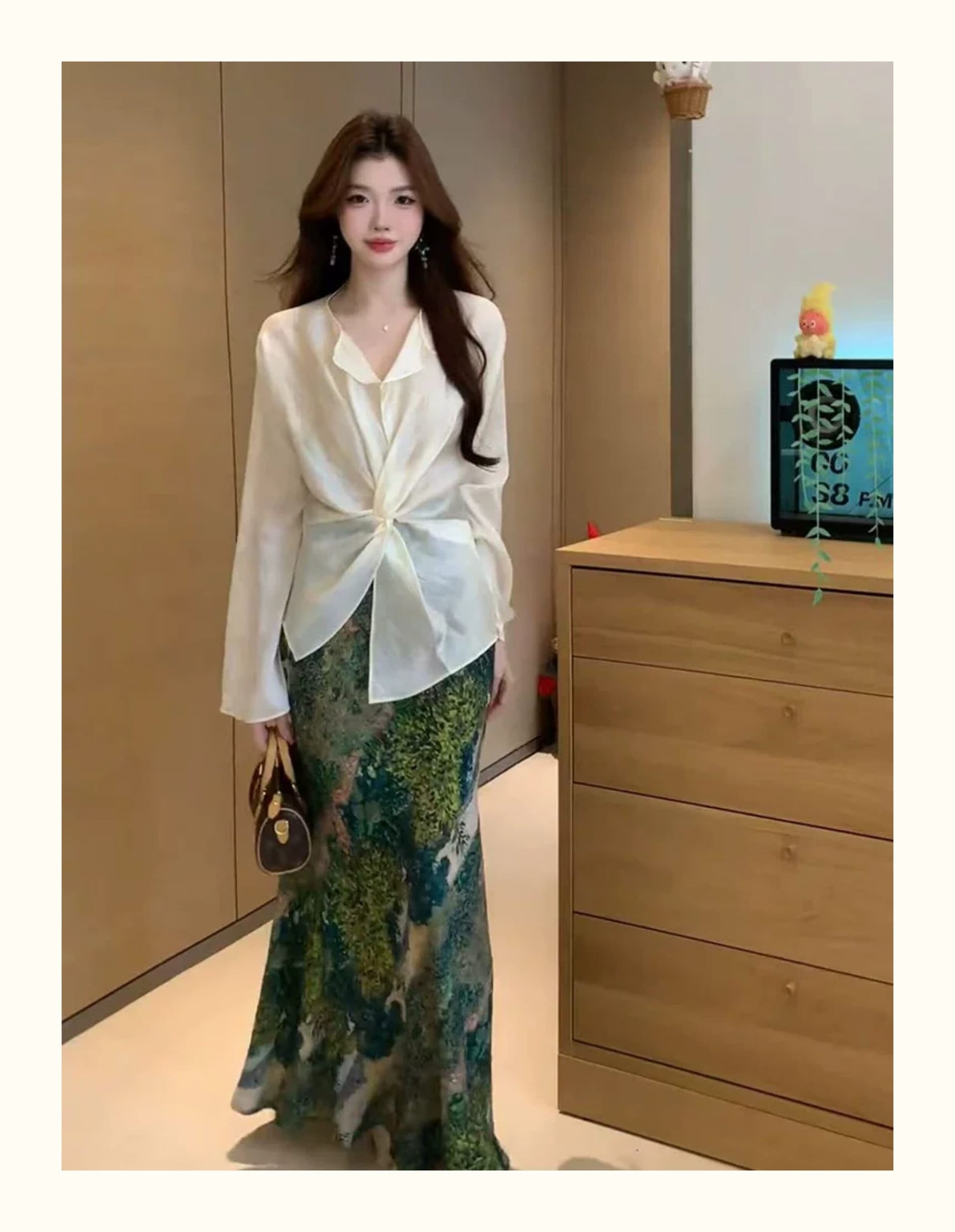 여름 한 부서 디자인 센스 비틀림 셔츠 유화 인어 꼬리 반신 스커트 투피스 슈트 여성 루즈핏 상세 이미지 4
