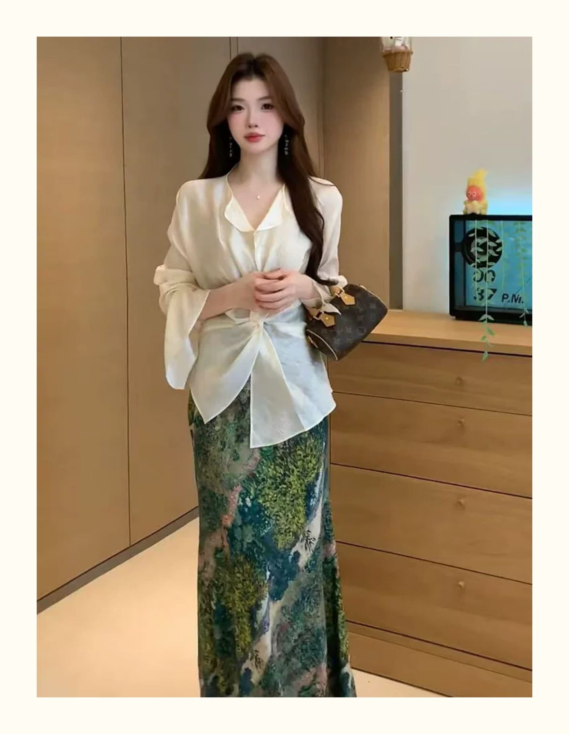 여름 한 부서 디자인 센스 비틀림 셔츠 유화 인어 꼬리 반신 스커트 투피스 슈트 여성 루즈핏 상세 이미지 6