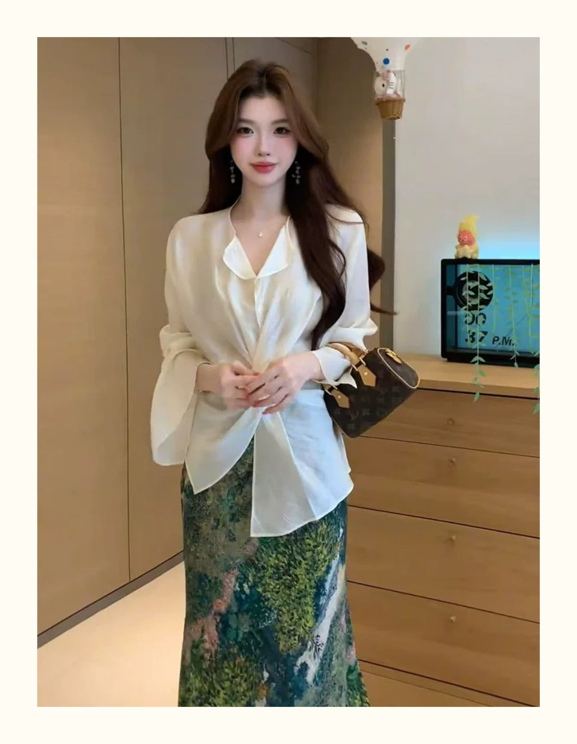 여름 한 부서 디자인 센스 비틀림 셔츠 유화 인어 꼬리 반신 스커트 투피스 슈트 여성 루즈핏 상세 이미지 7
