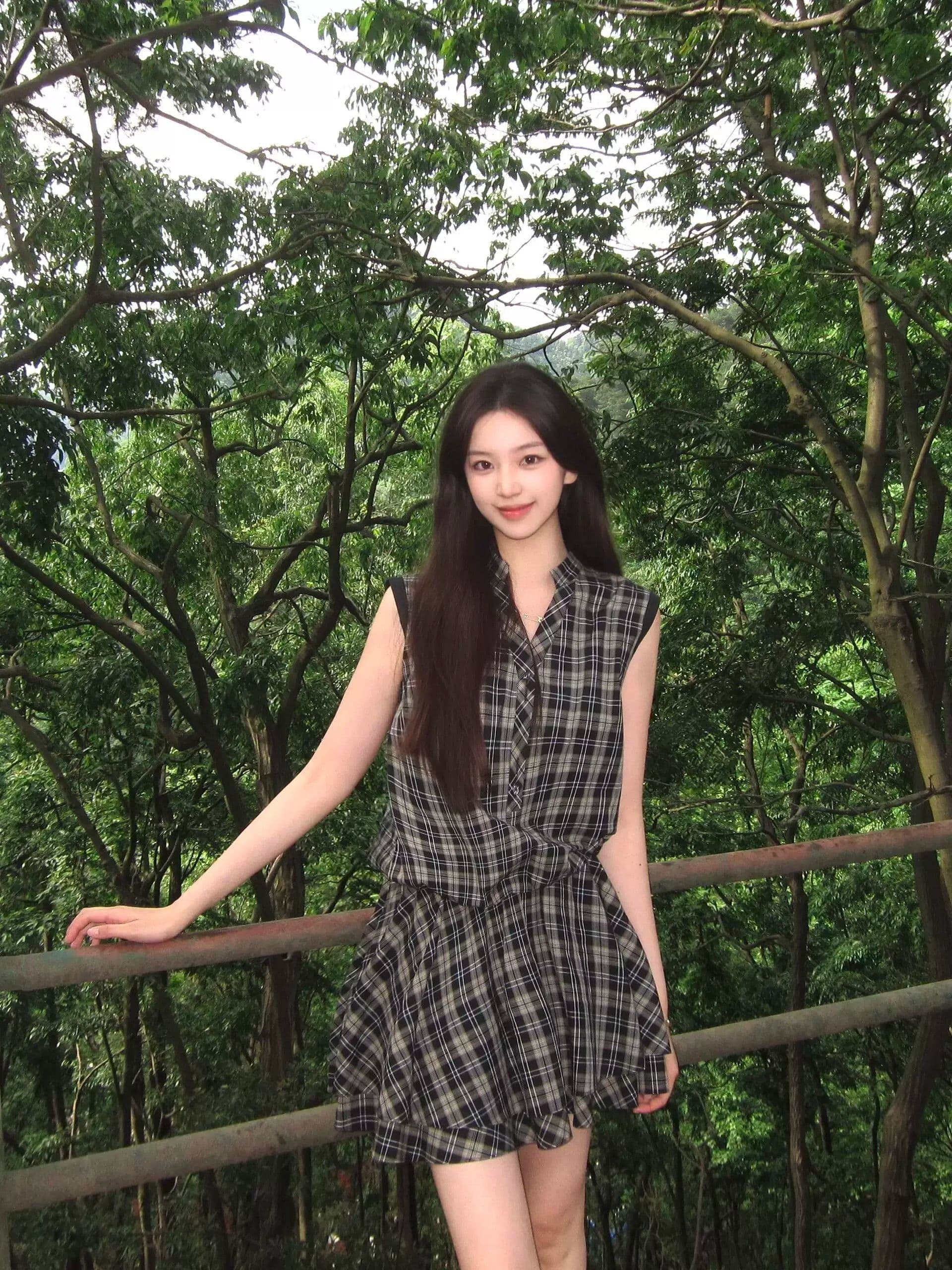 원본 원단 것 레트로 체크무늬 여성 드레스 여름 작은 키 고유 한 아름다운 루즈핏 품격 미니 스커트 이미지 3
