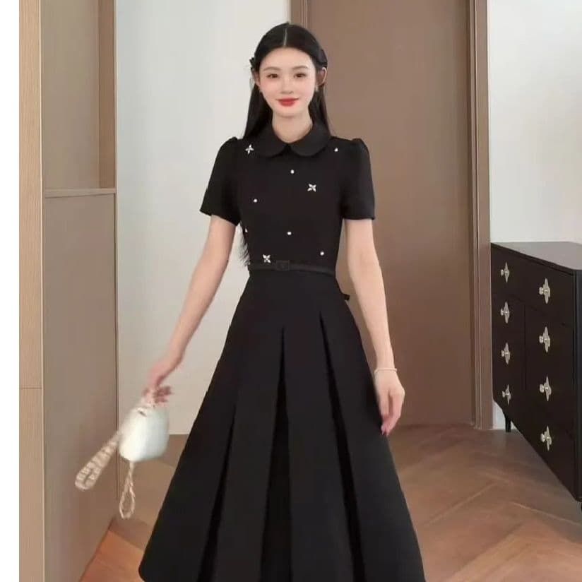 여름 새로운 허리 수축 슬림해 보이는 polo 여성 드레스 2026 빅 사이즈 지방 mm 품격 다용도 반팔 작은 검은 색 치마 이미지 5