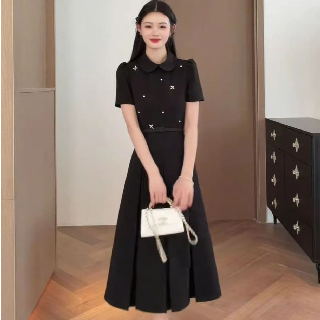 여름 새로운 허리 수축 슬림해 보이는 polo 여성 드레스 2026 빅 사이즈 지방 mm 품격 다용도 반팔 작은 검은 색 치마 이미지 2