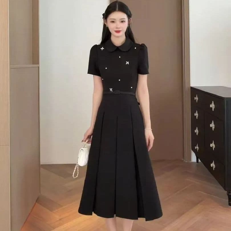 여름 새로운 허리 수축 슬림해 보이는 polo 여성 드레스 2026 빅 사이즈 지방 mm 품격 다용도 반팔 작은 검은 색 치마 이미지 3