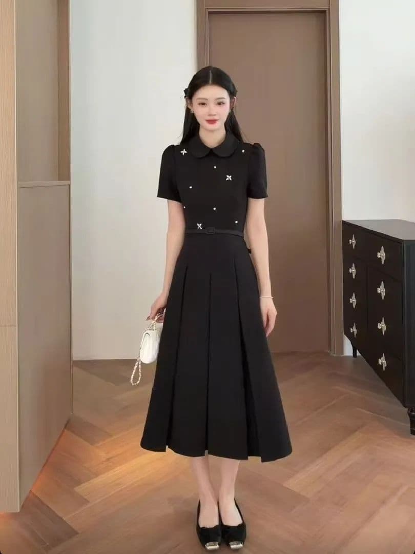 여름 새로운 허리 수축 슬림해 보이는 polo 여성 드레스 2026 빅 사이즈 지방 mm 품격 다용도 반팔 작은 검은 색 치마 상세 이미지 4