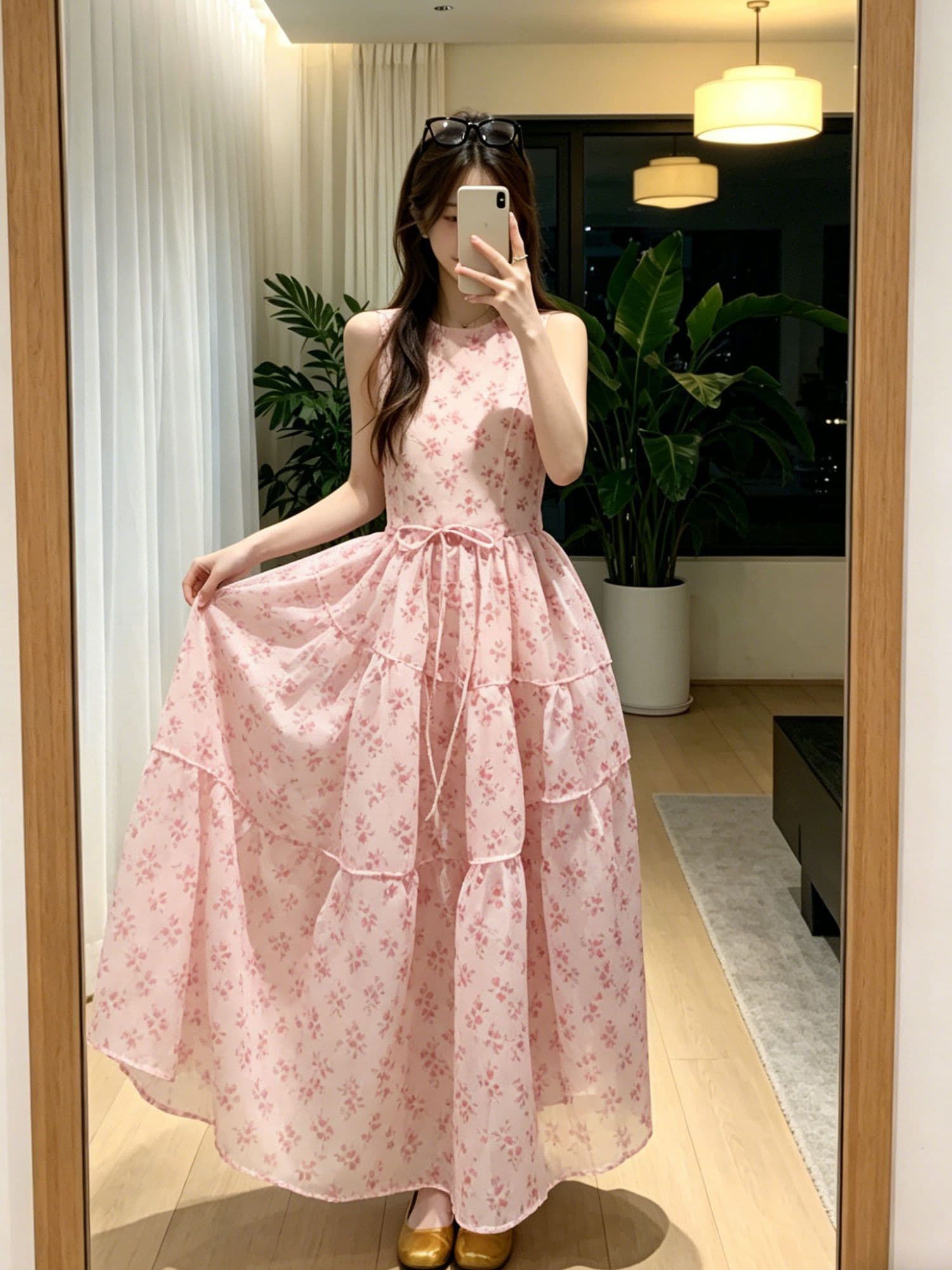 안개 실 잉 꿈 소녀 몽환 핑크색 꽃무늬 유럽 오간자 조끼 원피스 휴가 바람 민소매 큰 진자 롱 스커트 여름 이미지 4