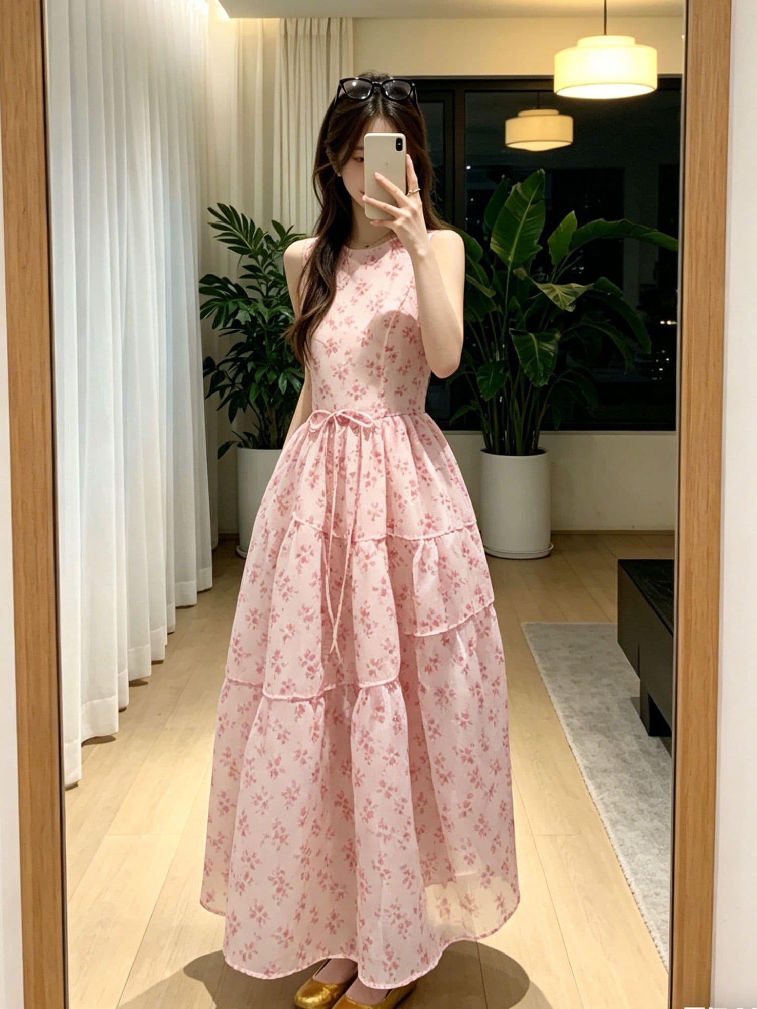 안개 실 잉 꿈 소녀 몽환 핑크색 꽃무늬 유럽 오간자 조끼 원피스 휴가 바람 민소매 큰 진자 롱 스커트 여름 상세 이미지 3