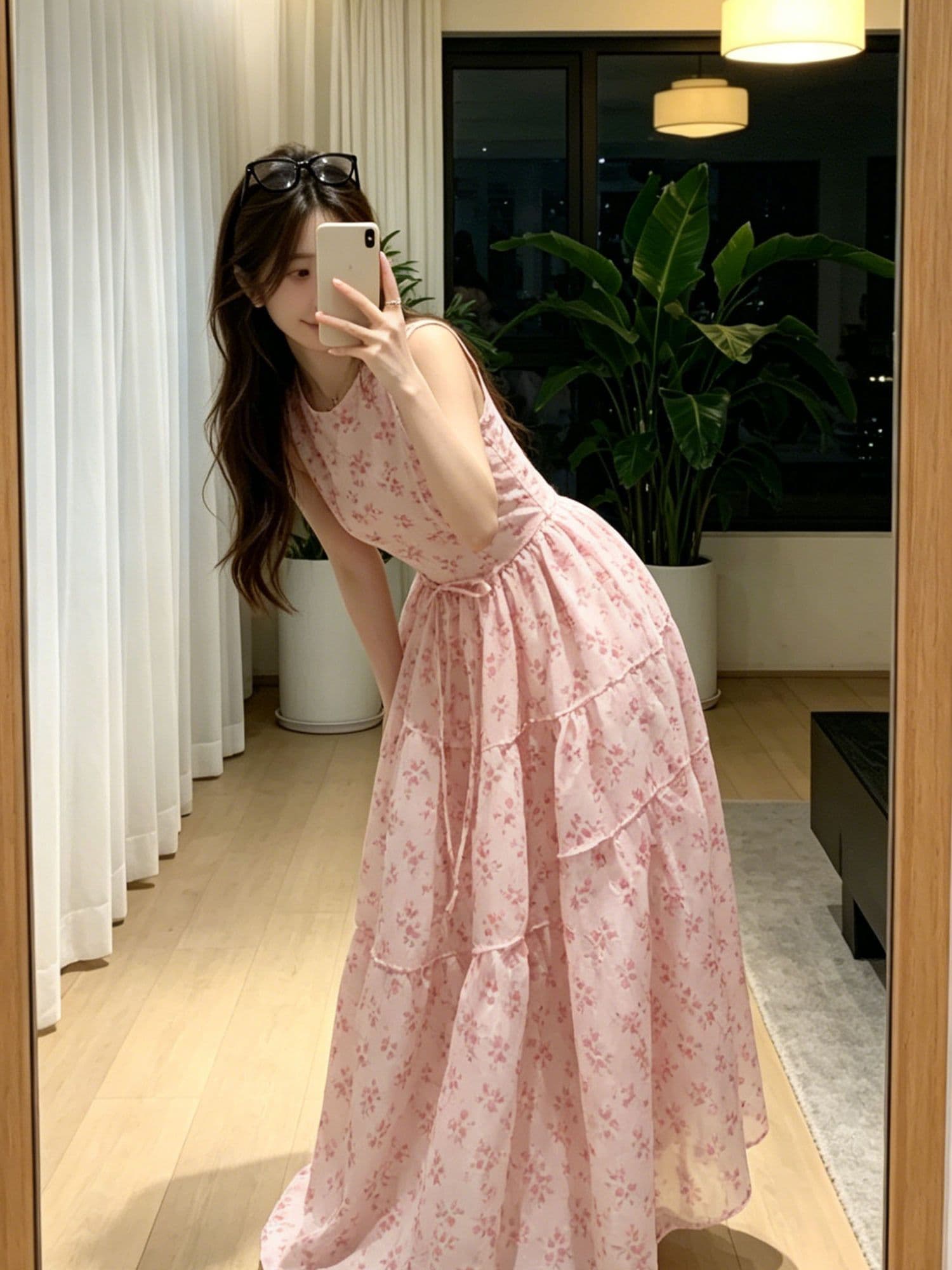 안개 실 잉 꿈 소녀 몽환 핑크색 꽃무늬 유럽 오간자 조끼 원피스 휴가 바람 민소매 큰 진자 롱 스커트 여름 상세 이미지 4