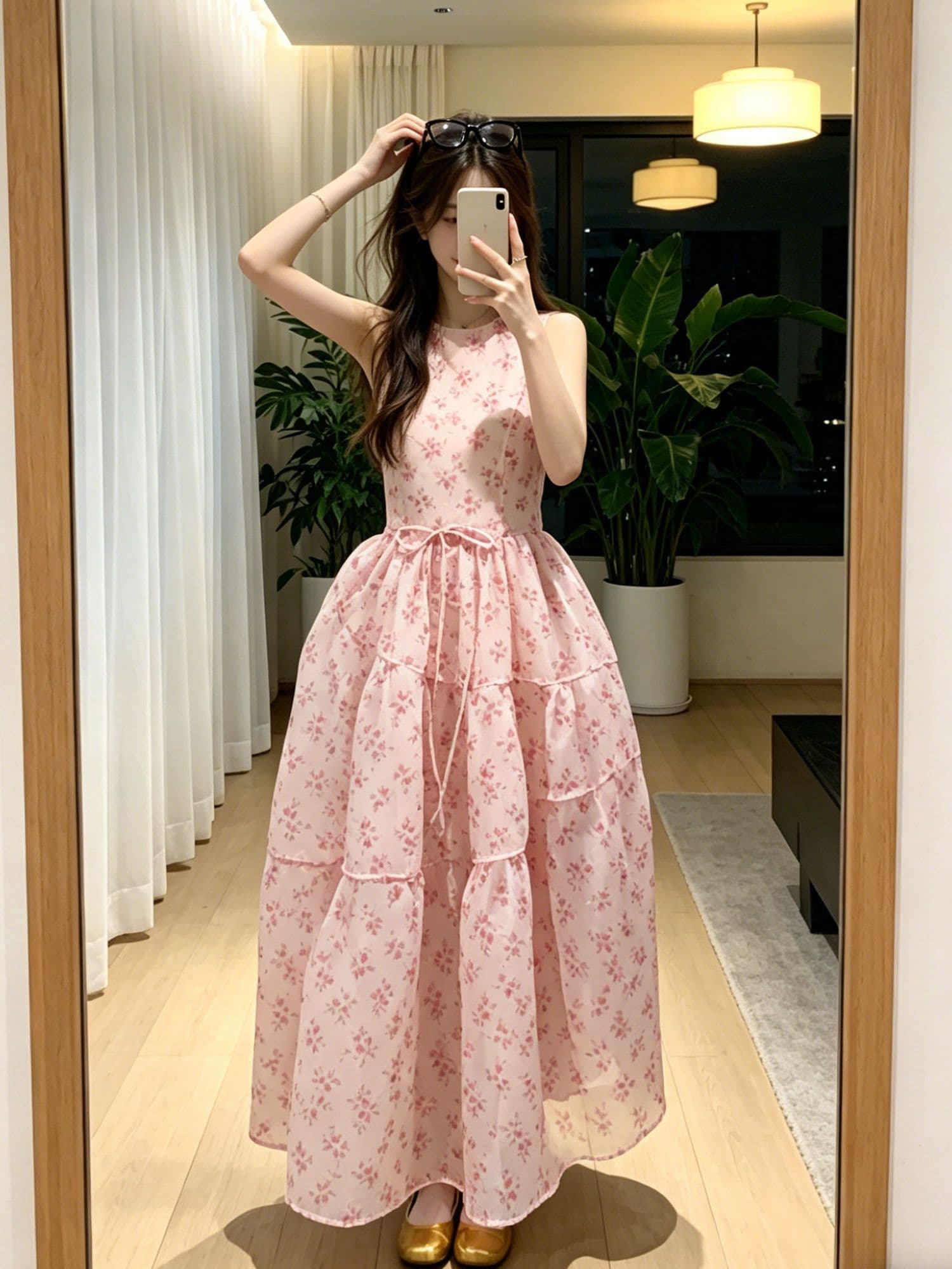 안개 실 잉 꿈 소녀 몽환 핑크색 꽃무늬 유럽 오간자 조끼 원피스 휴가 바람 민소매 큰 진자 롱 스커트 여름 상세 이미지 6