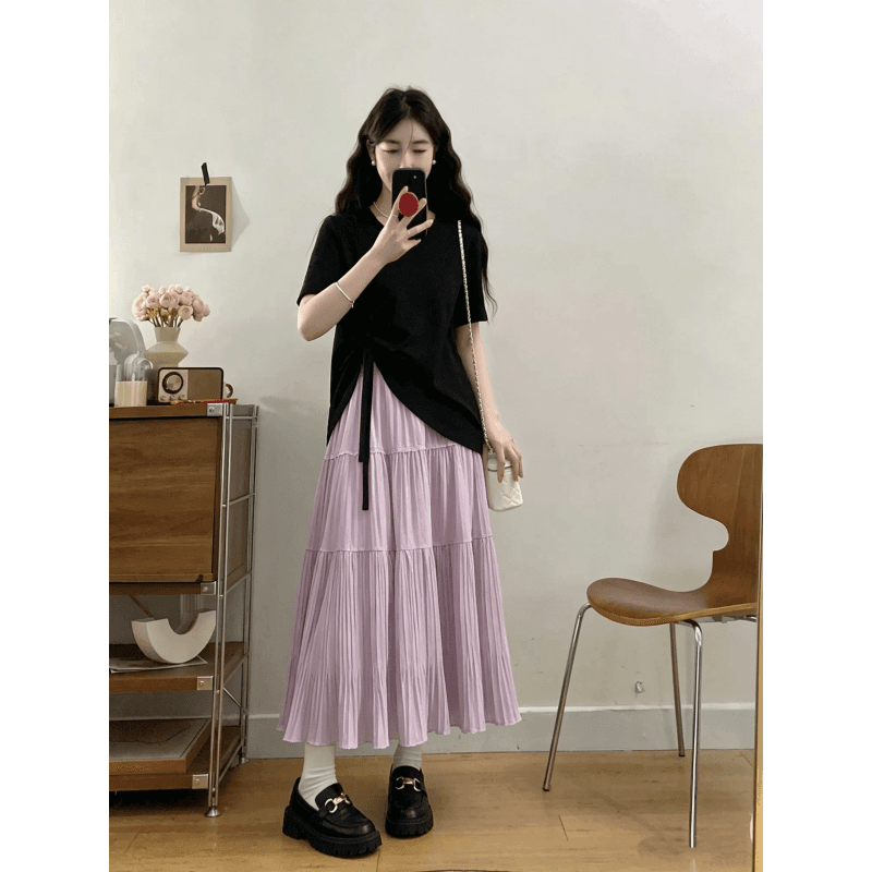 지방 mm 여름 새로운 빅 사이즈 한 부서 달콤함 루즈핏 슬림해 보이는 레이스업 티셔츠 하이웨이스트 플리츠 반신 스커트 투피스 세트 상세 이미지 6