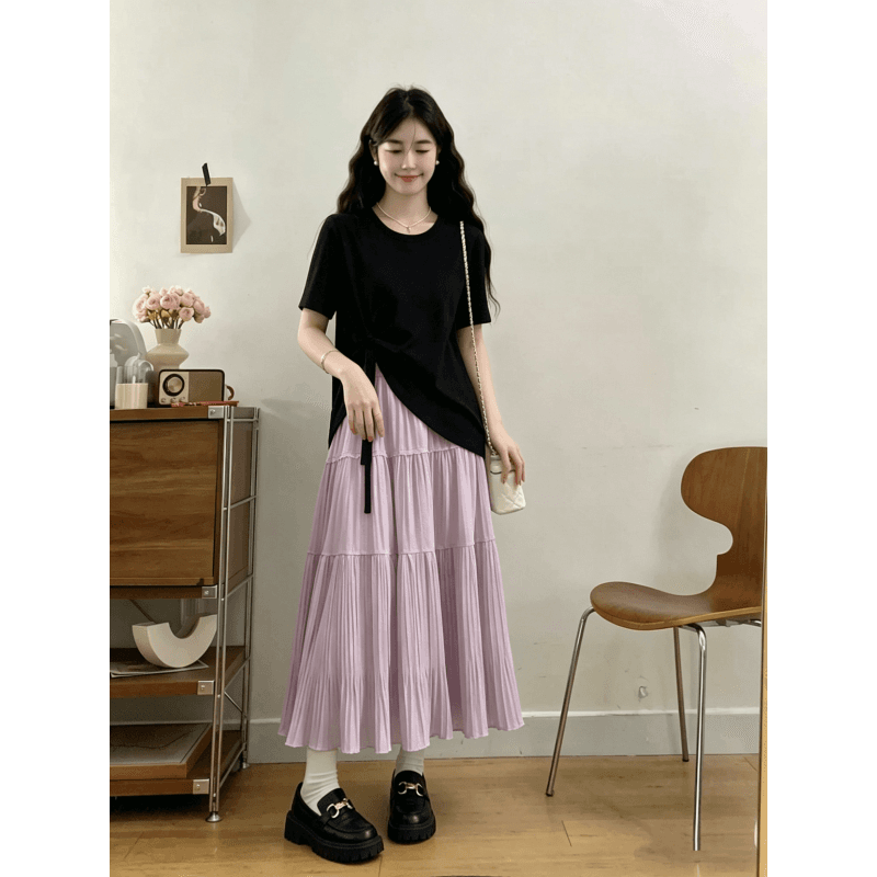 지방 mm 여름 새로운 빅 사이즈 한 부서 달콤함 루즈핏 슬림해 보이는 레이스업 티셔츠 하이웨이스트 플리츠 반신 스커트 투피스 세트 상세 이미지 7