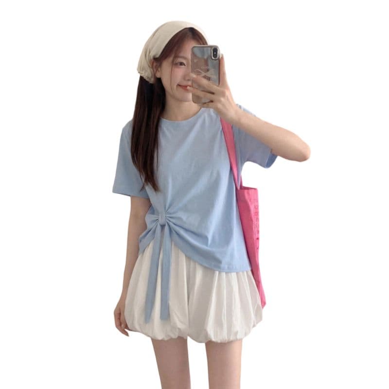 한 부서 불규칙 디자인 센스 반팔 티셔츠 여성 여름 루즈핏 맨위 꽃밭 바지 짧은 바지 전체 집합 착용 가져 가라. 이미지 5