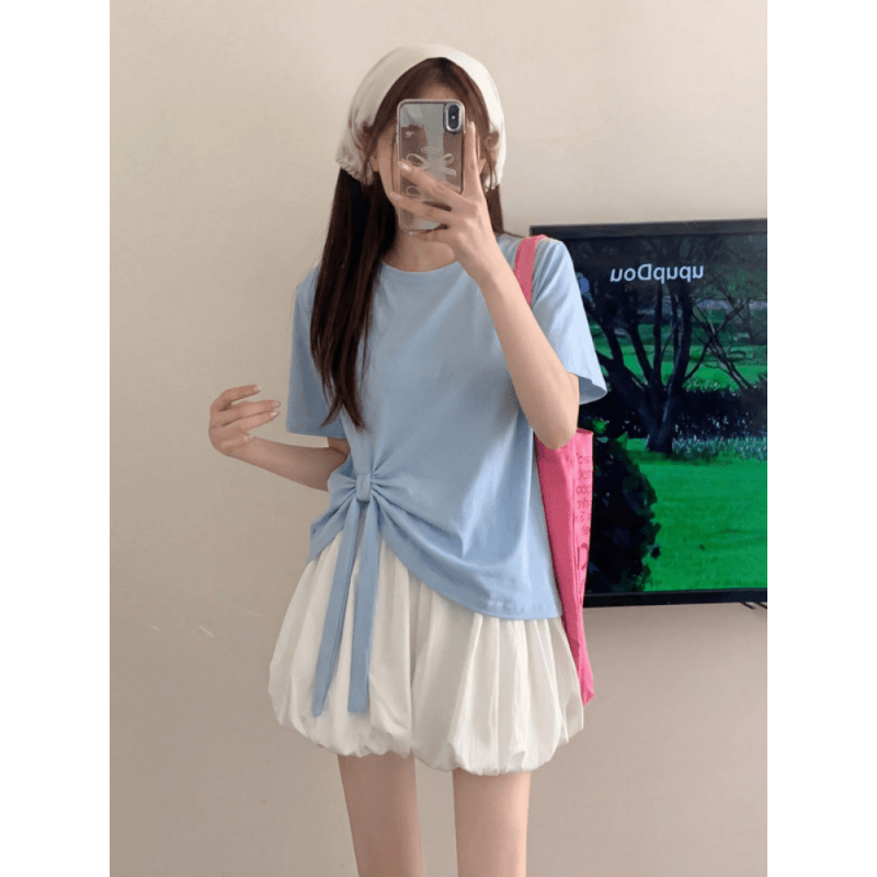 한 부서 불규칙 디자인 센스 반팔 티셔츠 여성 여름 루즈핏 맨위 꽃밭 바지 짧은 바지 전체 집합 착용 가져 가라. 상세 이미지 4