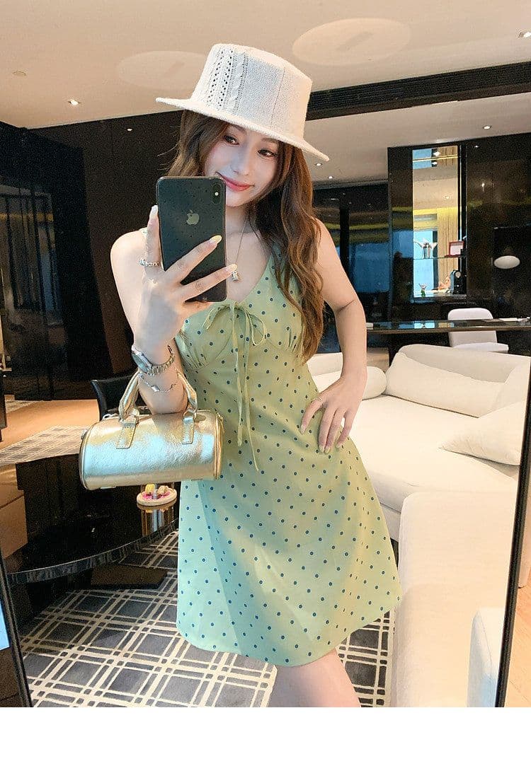한 부서 도트 무늬 녹색 V넥 캐미솔 여성 드레스 여름 허리 수축 한 마디 미니 스커트 치마 상세 이미지 7