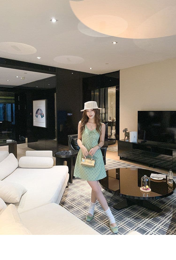 한 부서 도트 무늬 녹색 V넥 캐미솔 여성 드레스 여름 허리 수축 한 마디 미니 스커트 치마 상세 이미지 8