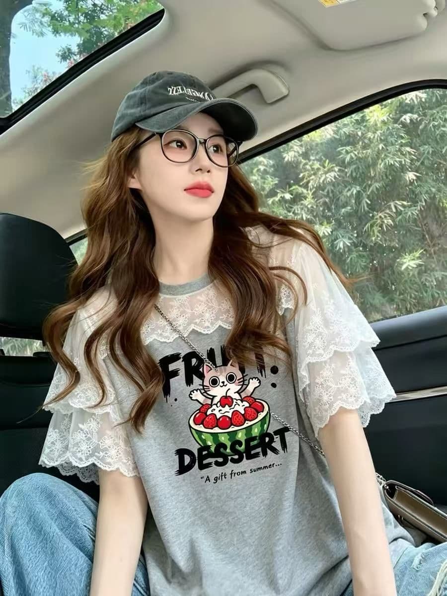 순면 정가 레이스 조각 반팔 티셔츠 여성 여름 아메리칸 루즈핏 한 부서 배색 맨위 이미지 2