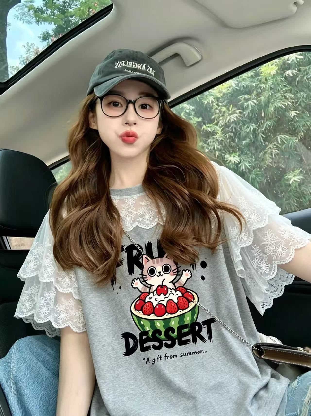순면 정가 레이스 조각 반팔 티셔츠 여성 여름 아메리칸 루즈핏 한 부서 배색 맨위 상세 이미지 5