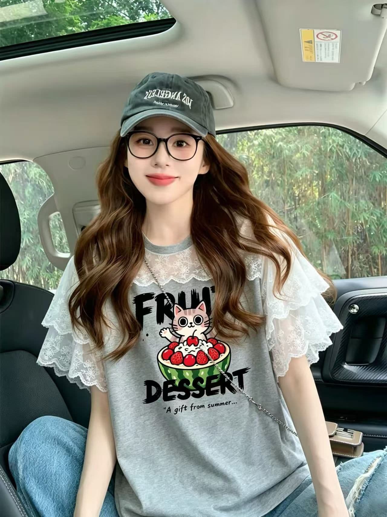 순면 정가 레이스 조각 반팔 티셔츠 여성 여름 아메리칸 루즈핏 한 부서 배색 맨위 상세 이미지 6