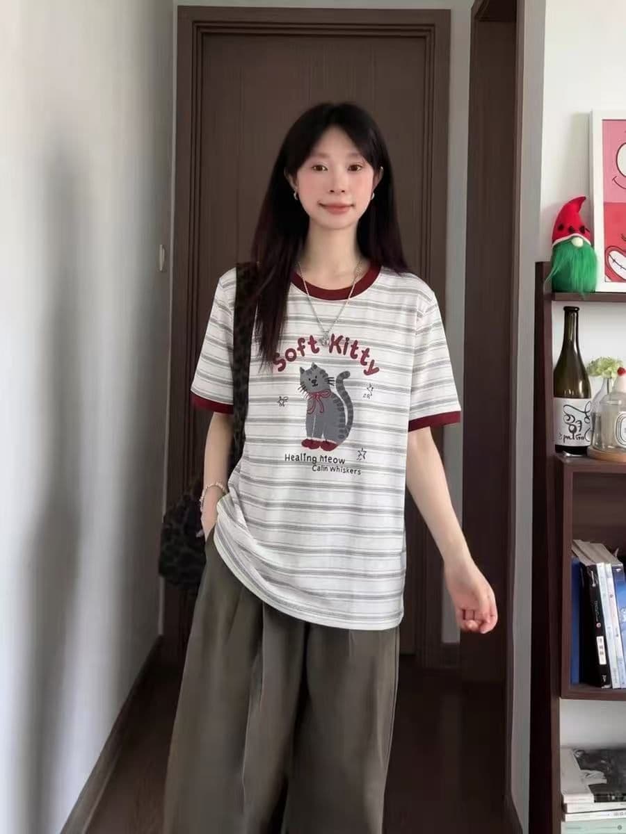 한 부서 배색 스트라이프 고양이 프린트 반팔 티셔츠 여성 여름 루즈핏 라운드 넥 동정 맨위 이미지 4