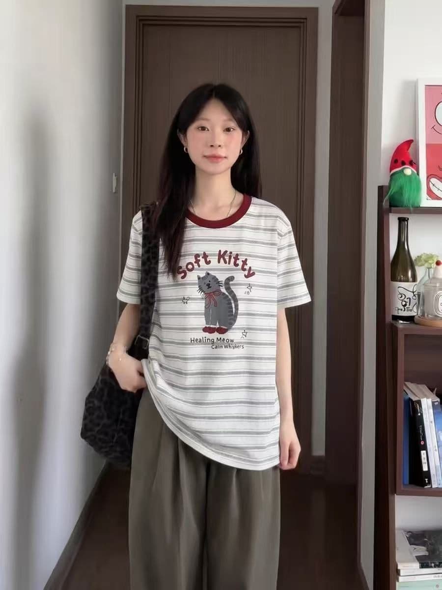 한 부서 배색 스트라이프 고양이 프린트 반팔 티셔츠 여성 여름 루즈핏 라운드 넥 동정 맨위 상세 이미지 2