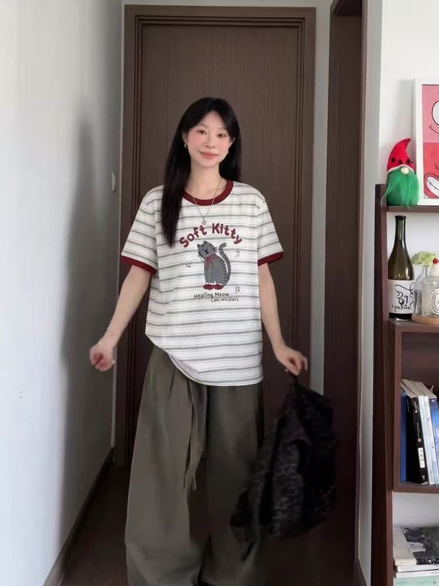 한 부서 배색 스트라이프 고양이 프린트 반팔 티셔츠 여성 여름 루즈핏 라운드 넥 동정 맨위 상세 이미지 3