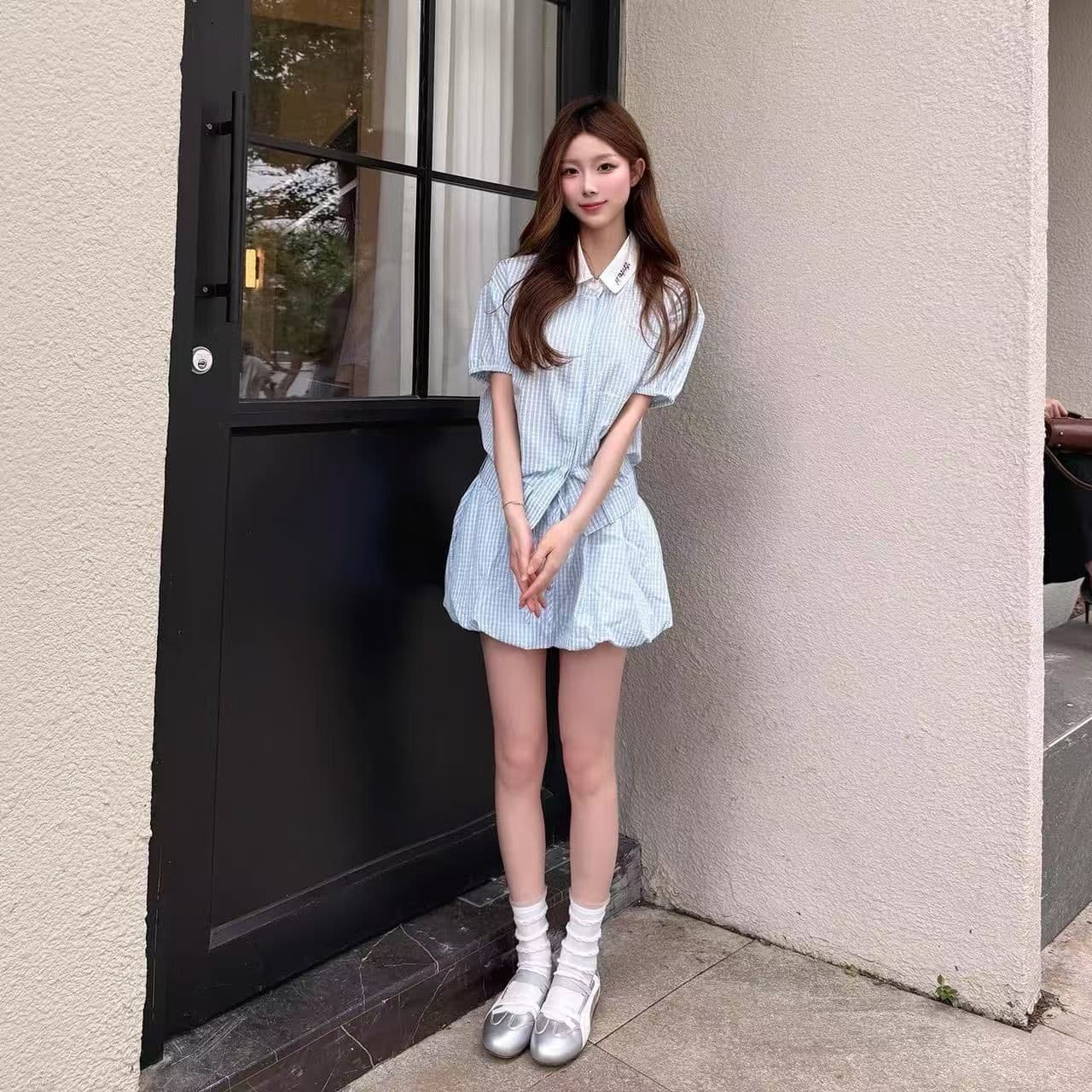 한 부서 학원 스타일 체크무늬 POLO 칼라 셔츠 체크무늬 꽃밭 치마 여성 여름 트렌드 패션 투피스 세트 이미지 4