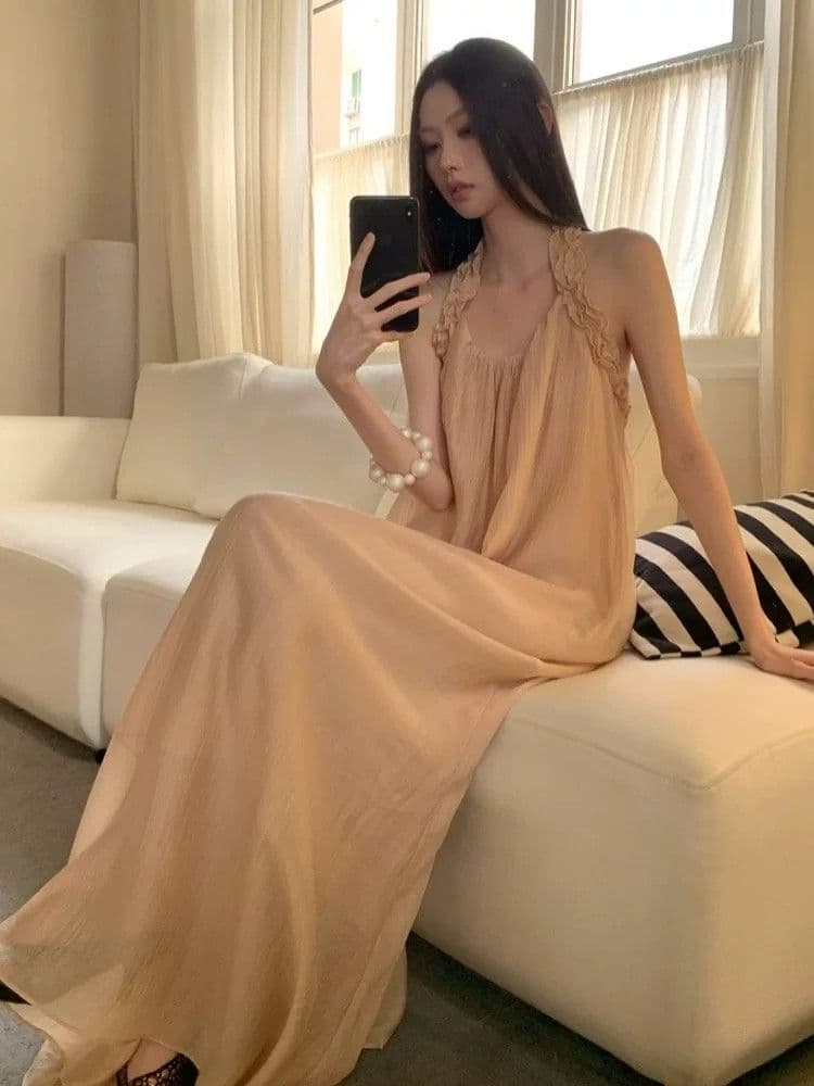샴페인 오프숄더 행침 목 여성 드레스 여름 프랑스식 빛 요리 한 바람 빛 럭셔리 질감 센스 우아한 품격 길다 치마 이미지 3