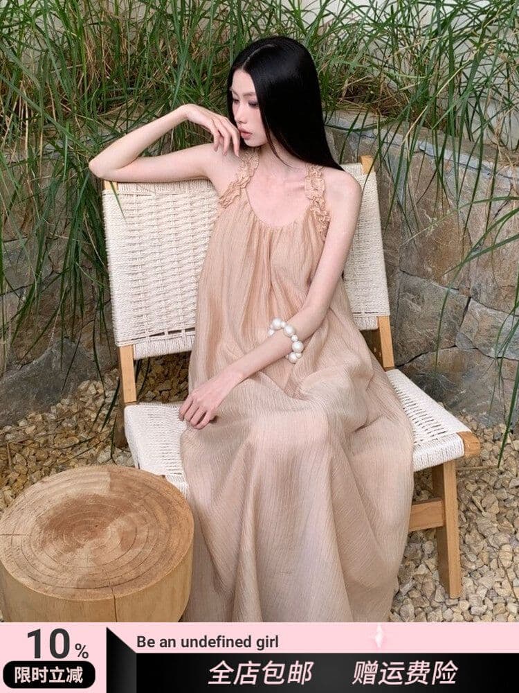 샴페인 오프숄더 행침 목 여성 드레스 여름 프랑스식 빛 요리 한 바람 빛 럭셔리 질감 센스 우아한 품격 길다 치마
