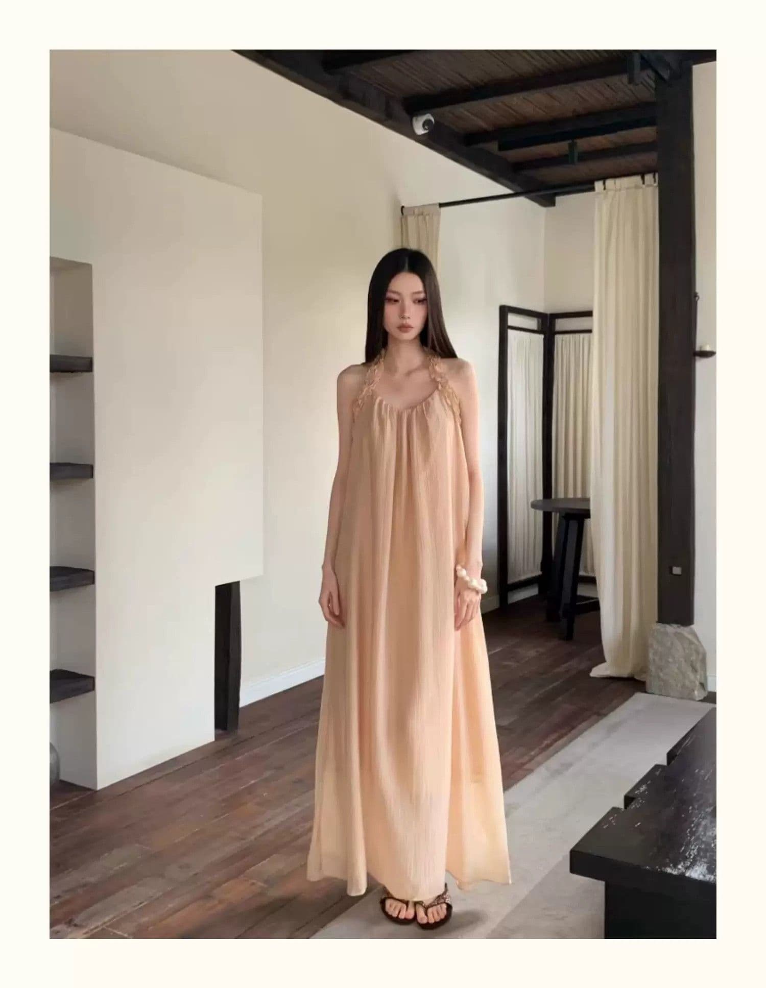 샴페인 오프숄더 행침 목 여성 드레스 여름 프랑스식 빛 요리 한 바람 빛 럭셔리 질감 센스 우아한 품격 길다 치마 상세 이미지 2