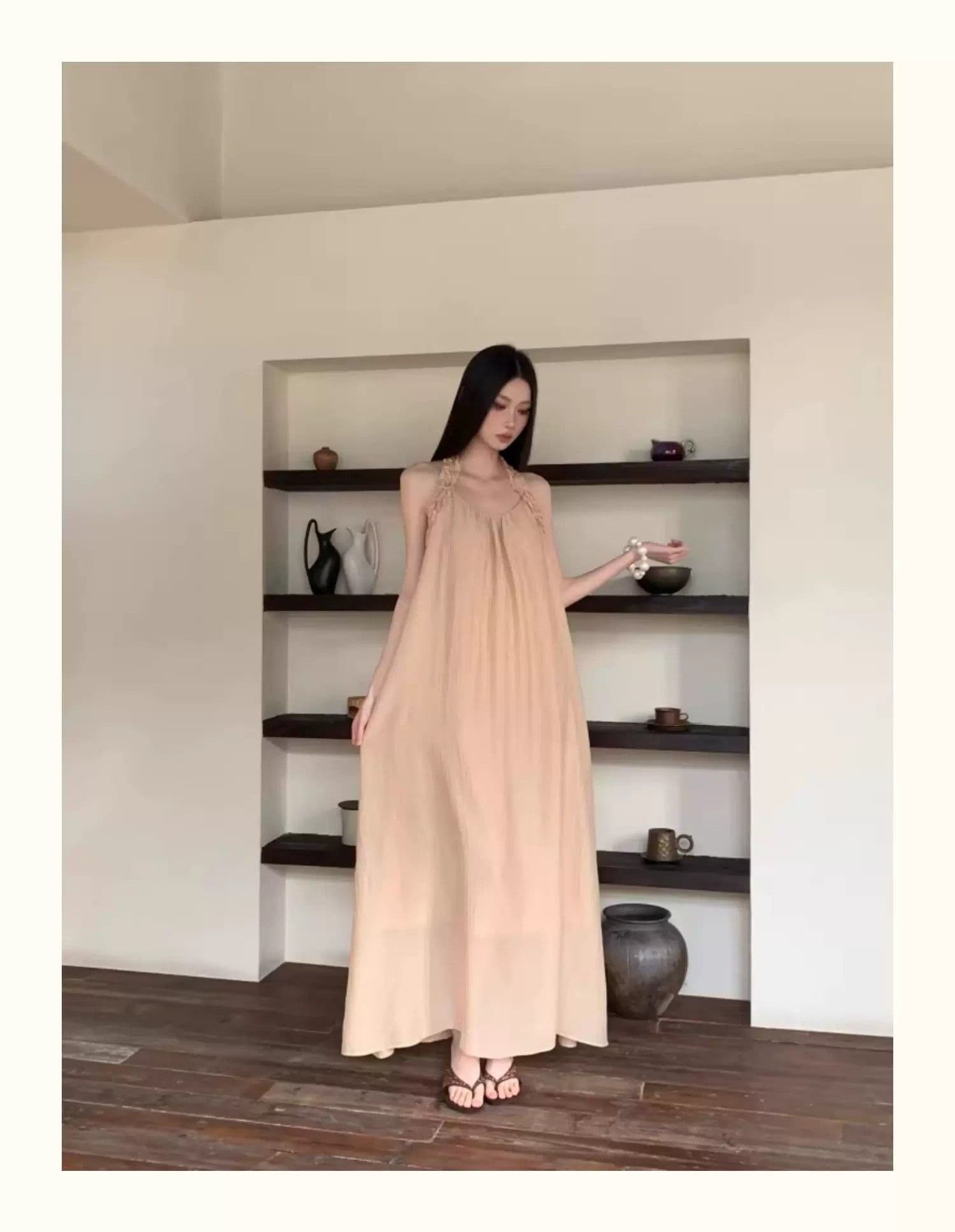 샴페인 오프숄더 행침 목 여성 드레스 여름 프랑스식 빛 요리 한 바람 빛 럭셔리 질감 센스 우아한 품격 길다 치마 상세 이미지 5